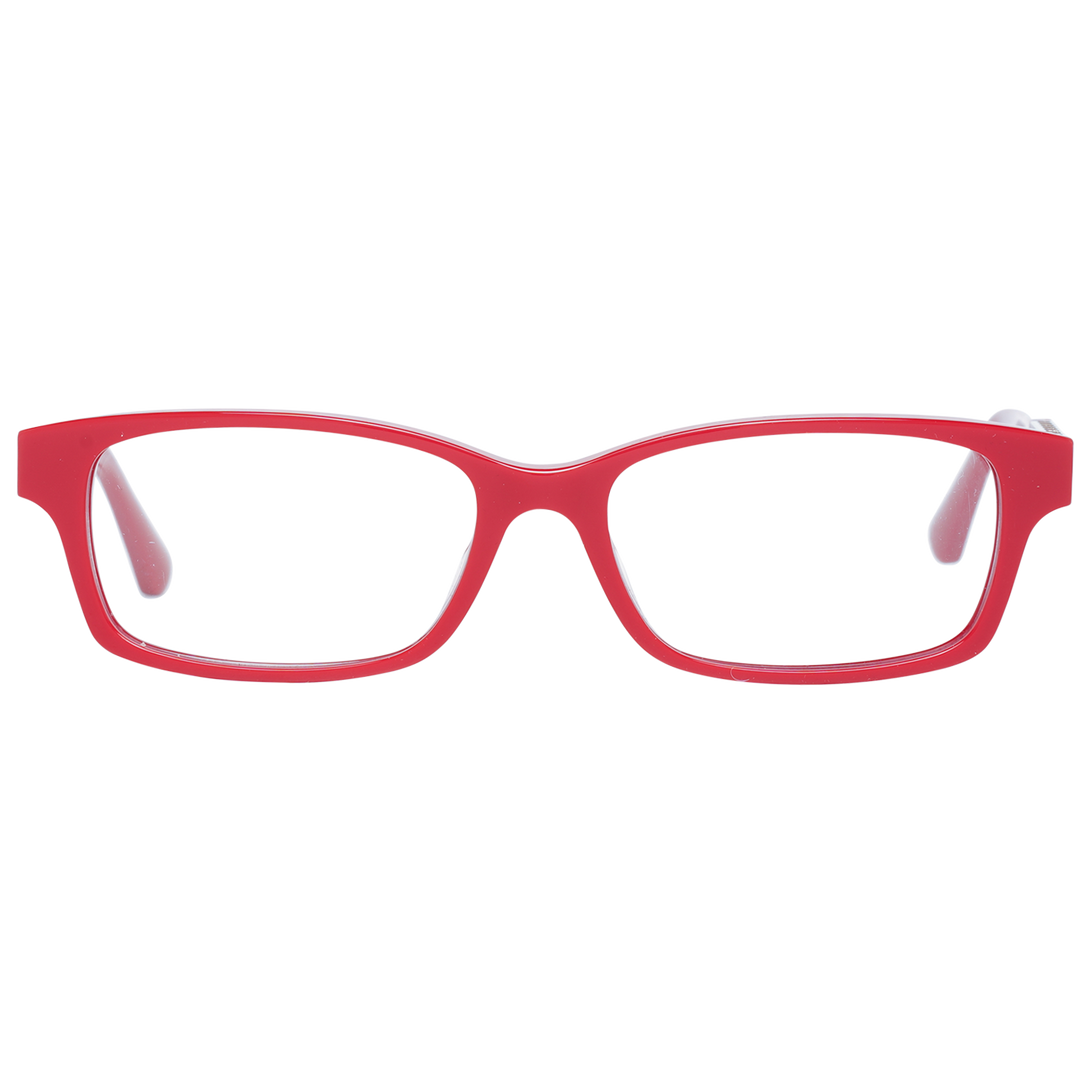 Red full-rim rectangular eyeglasses with gold-tone temple accents and attached rhinestone chain for Women