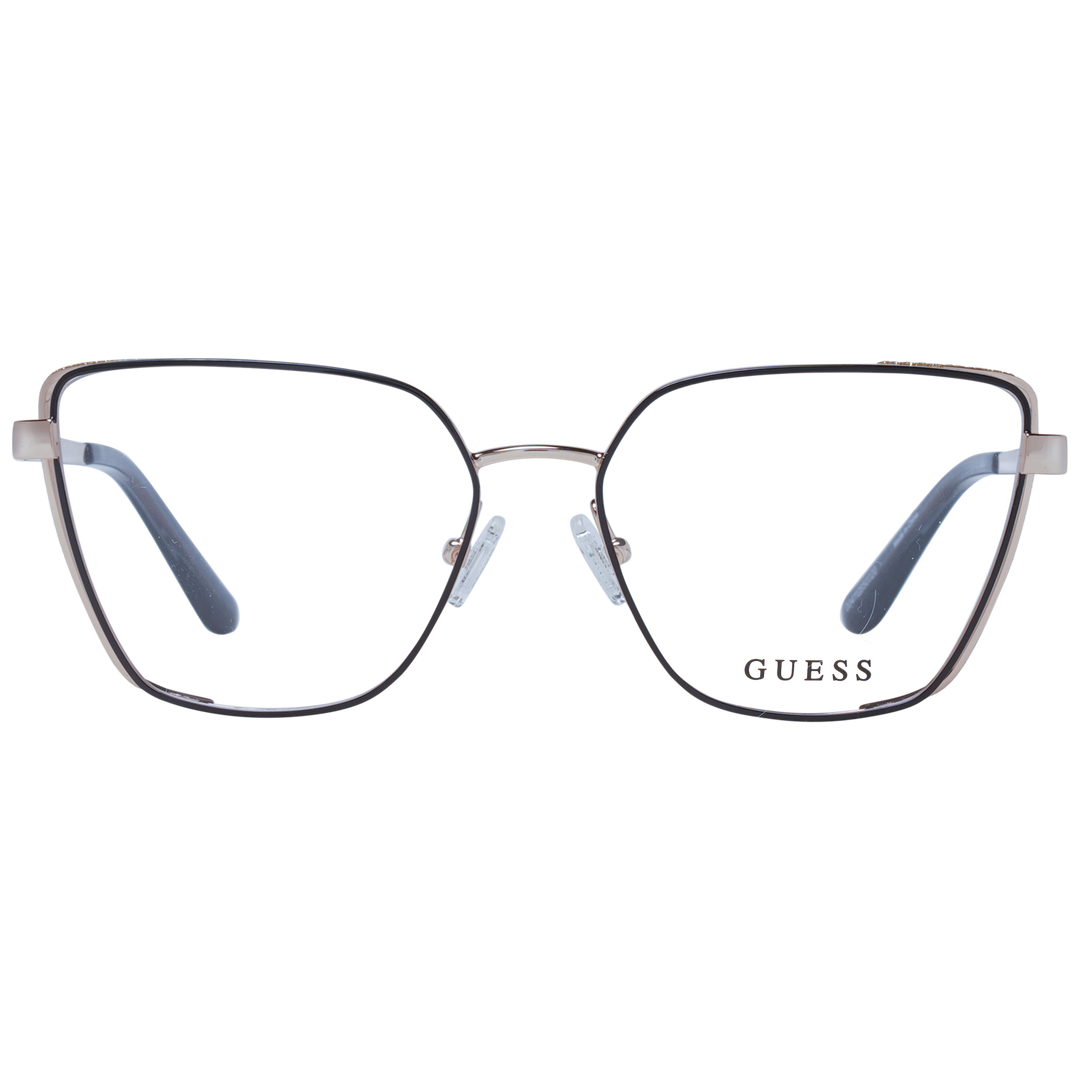Rose gold and black thin metal square eyeglasses with adjustable nose pads and logo temples on white background