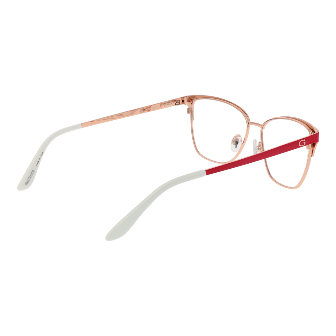 Red-accented rose gold metal cat-eye eyeglasses with white detailing, clear lenses, and adjustable nose pads on neutral background.