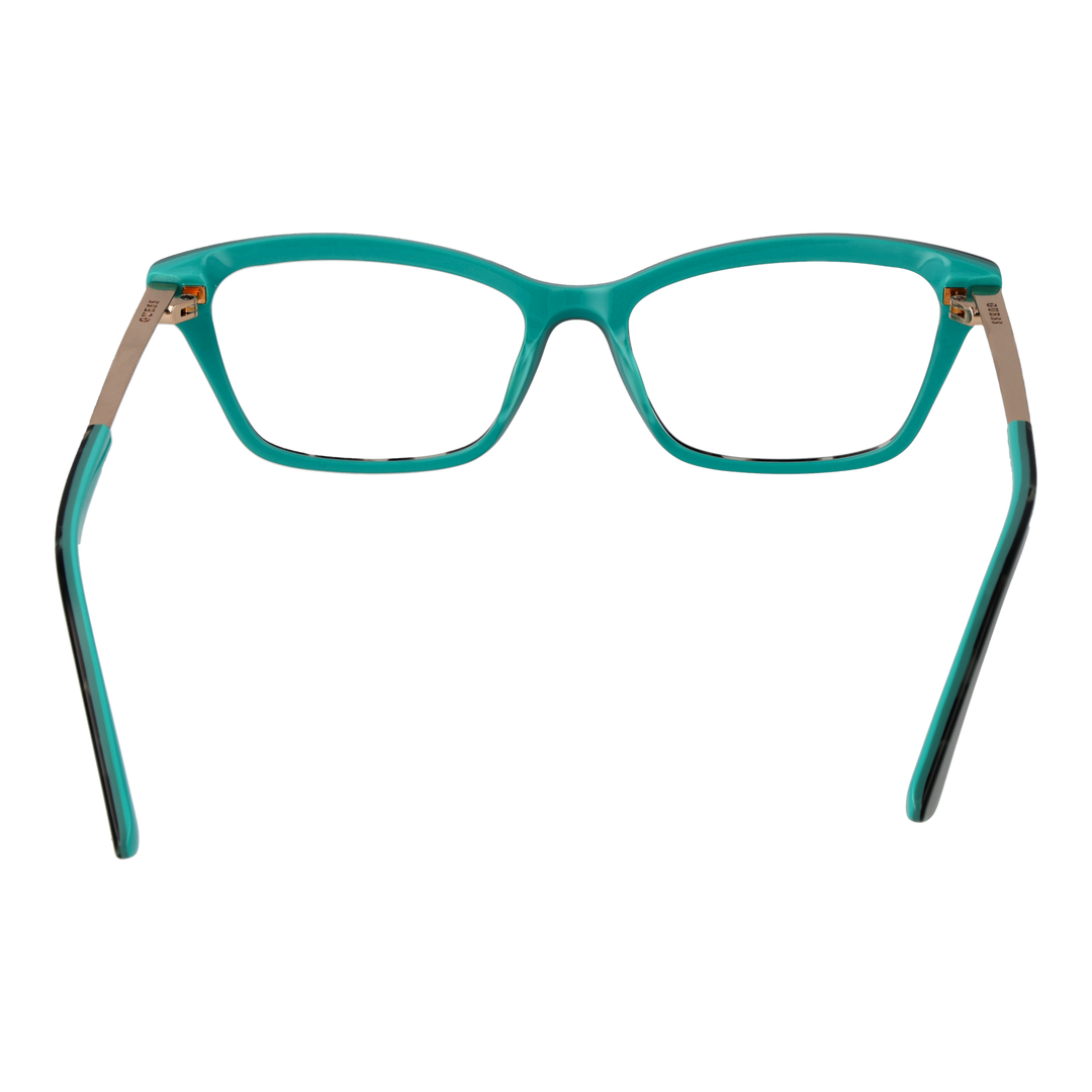 Turquoise and black two-tone rectangular eyeglasses with gold metal temples and triangular corner accents for Women