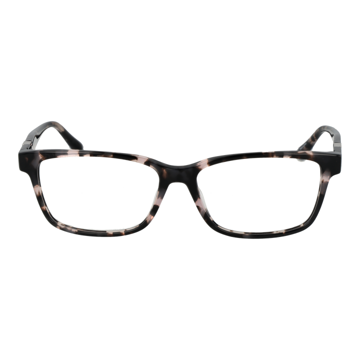 Unisex black and beige tortoiseshell full-rim rectangular eyeglasses with logo on temple, modern plastic frame