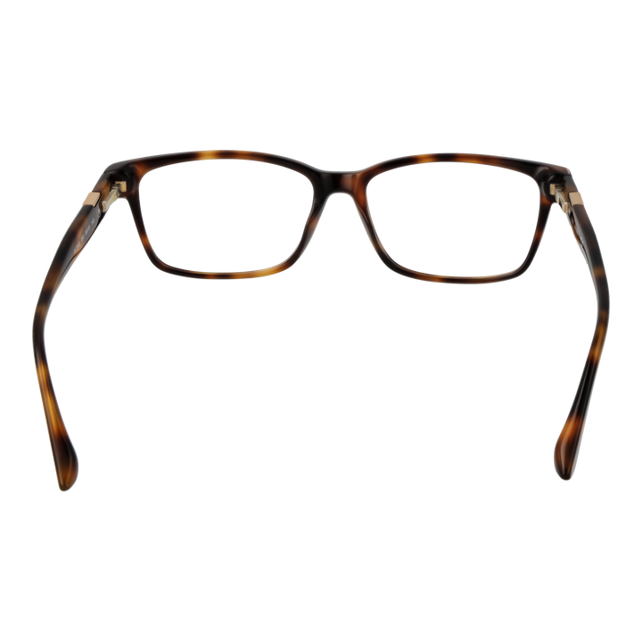 Tortoise brown full-rim rectangular eyeglasses in plastic with gold triangular temple logos, front three-quarter view