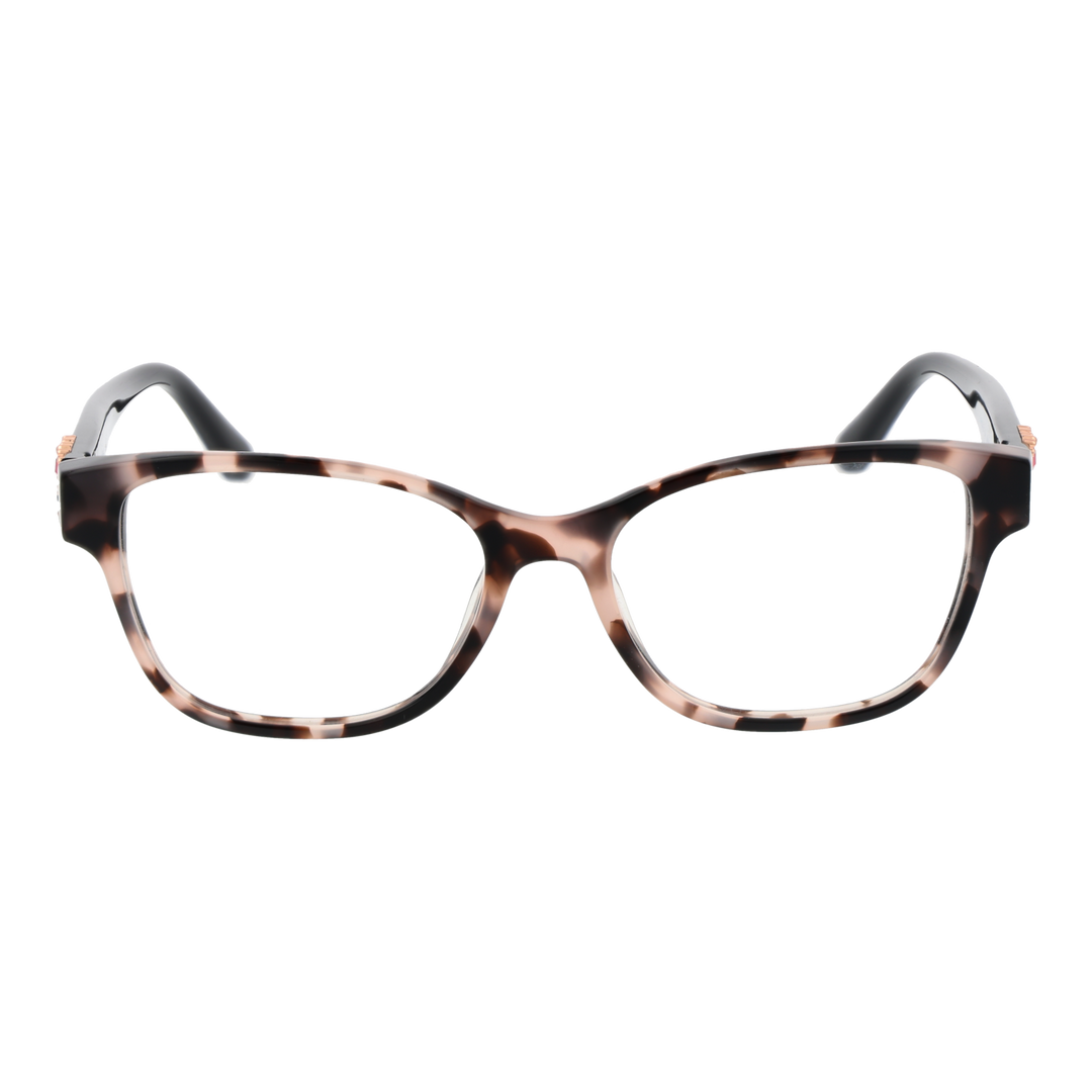 Tortoise shell rectangular eyeglasses with black temples and gold-pink decorative embellishments