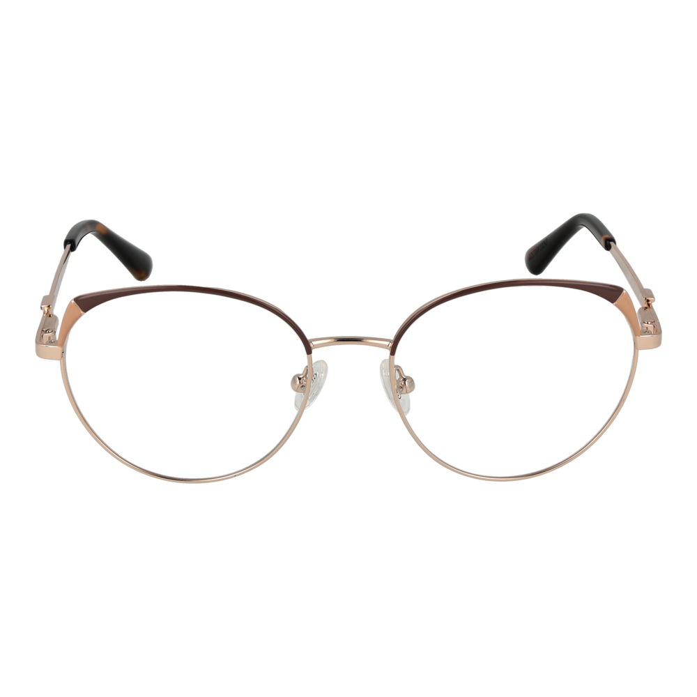 Rose-gold thin metal round eyeglasses with tortoiseshell temple tips on neutral background, front view
