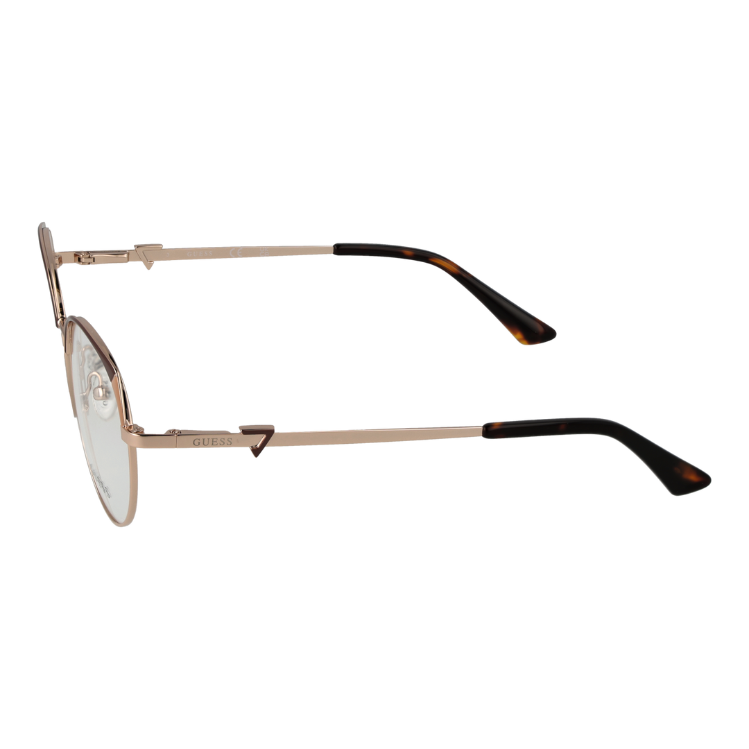 Rose-gold thin metal round eyeglasses with tortoiseshell temple tips on neutral background, front view