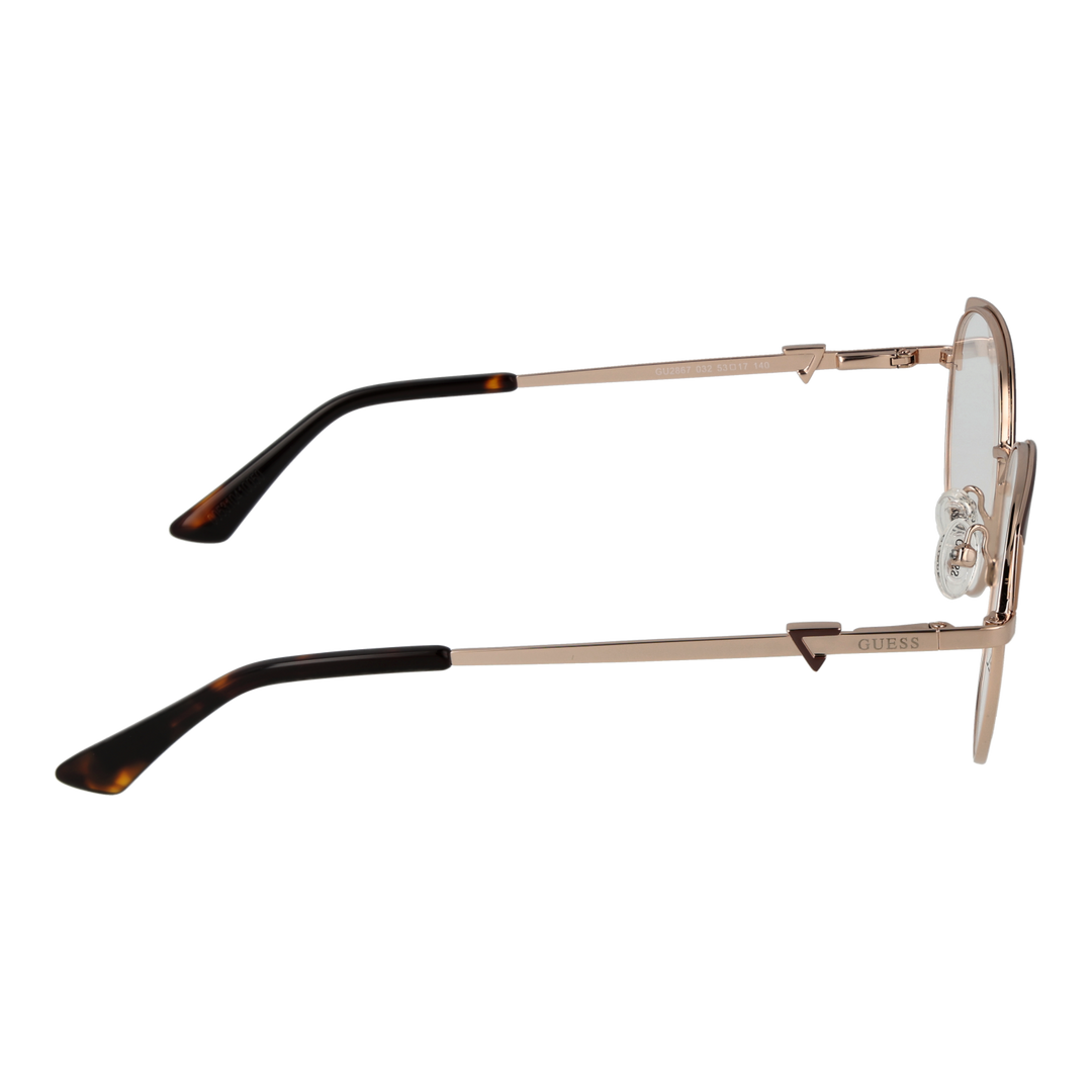 Rose-gold thin metal round eyeglasses with tortoiseshell temple tips on neutral background, front view