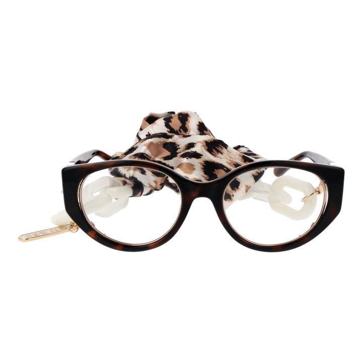 Tortoise cat-eye eyeglasses with gold temple accents and detachable leopard-print scarf on white background