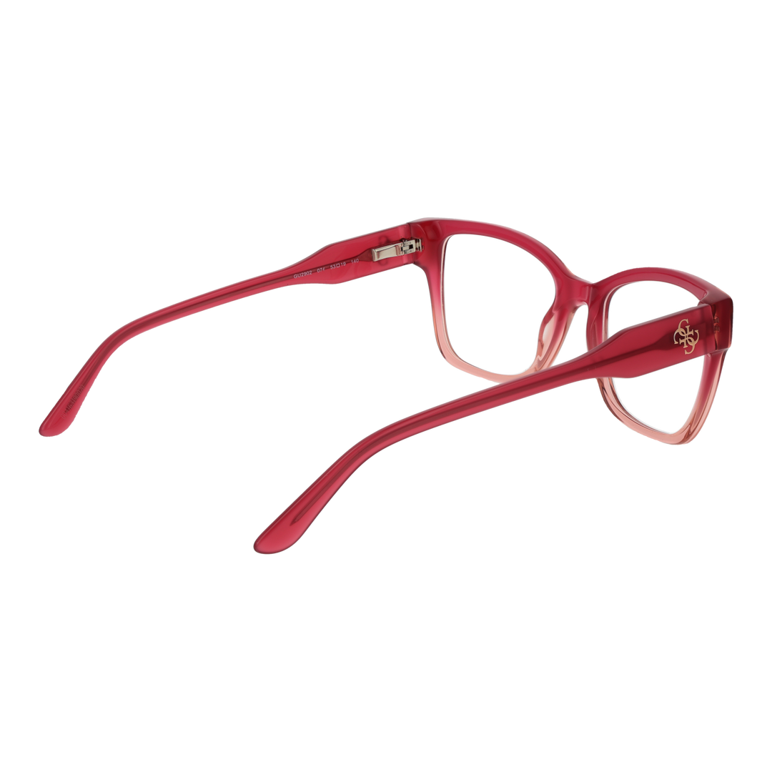 Red-to-peach gradient square eyeglasses with transparent lower rim and logo on temple, modern plastic frame