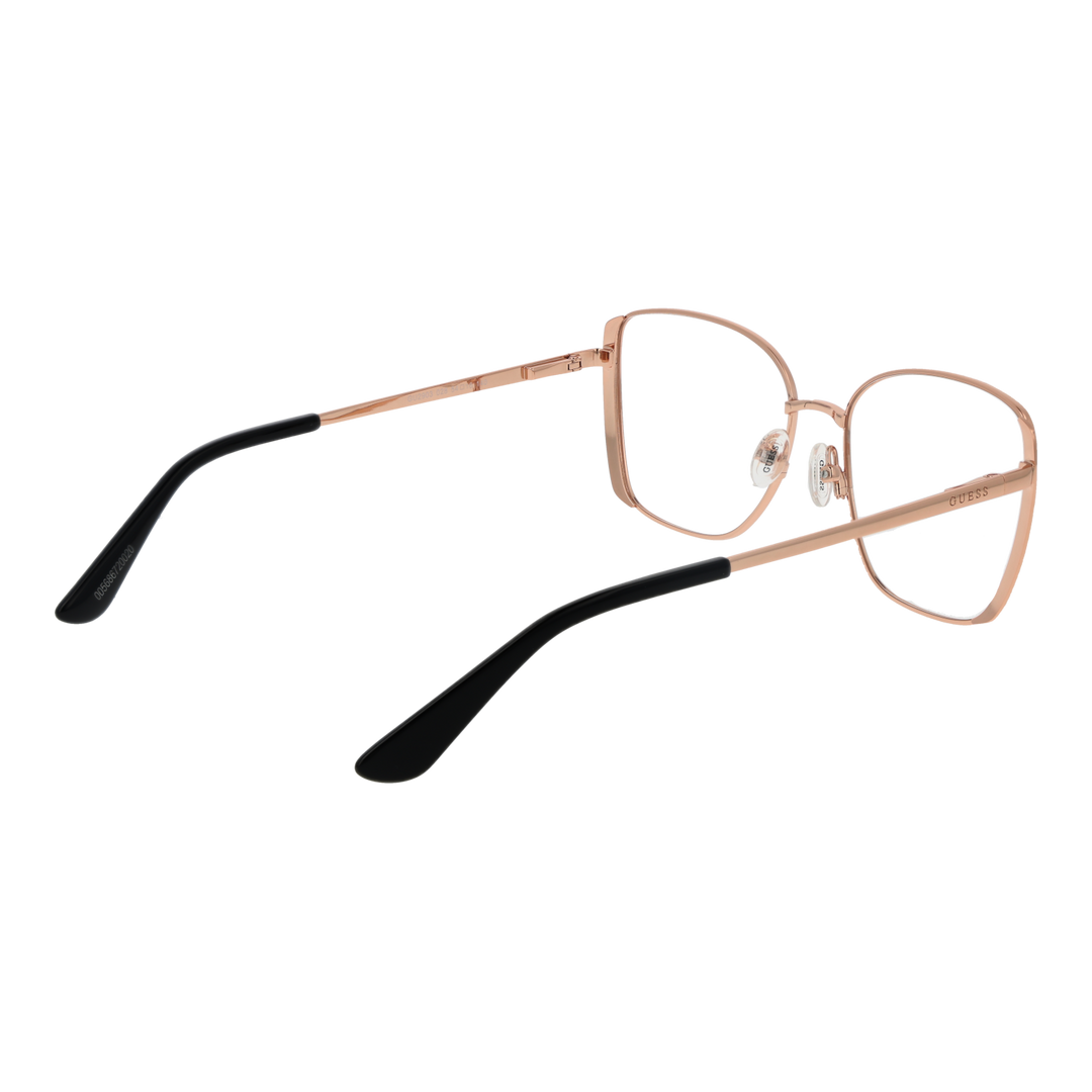 Rose gold thin metal square eyeglasses with black temple tips and adjustable nose pads on white background