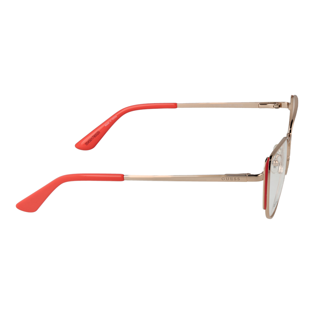 Gold metal cat-eye eyeglasses with coral temple tips, thin temples and adjustable nose pads on white background
