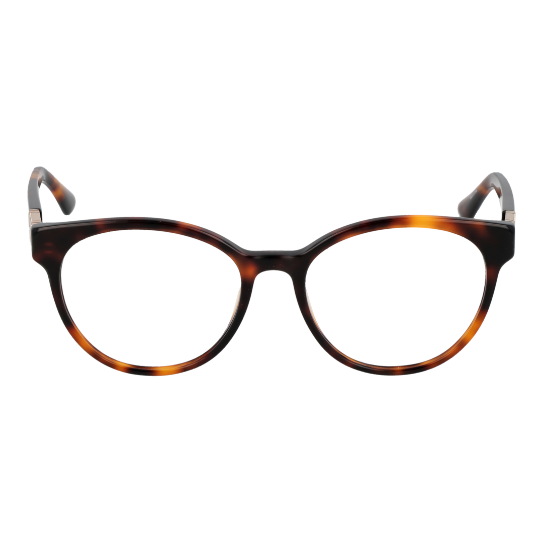 Guess tortoiseshell round eyeglasses for Women with gold temple accents and brown-black pattern