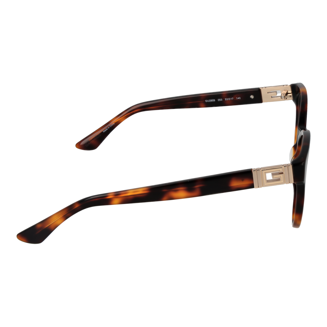 Guess tortoiseshell round eyeglasses for Women with gold temple accents and brown-black pattern
