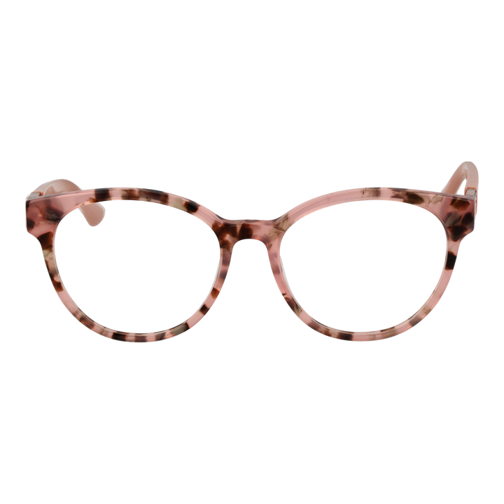 Pink tortoiseshell round eyeglasses in glossy plastic with brown accents and metal logo on temples