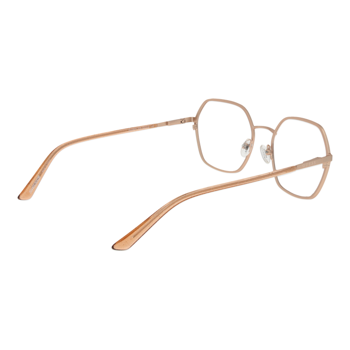 Rose gold thin metal hexagonal eyeglasses on neutral background, adjustable nose pads visible, Unisex modern geometric style