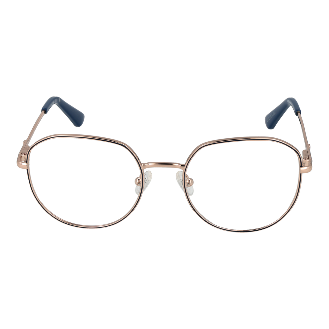 Rose gold metal eyeglasses with rounded square lenses and navy accents on thin temples, Unisex frame