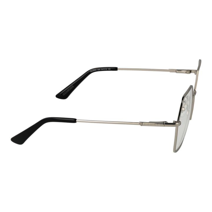 Unisex silver hexagonal metal eyeglasses with thin temples and black temple tips on white background