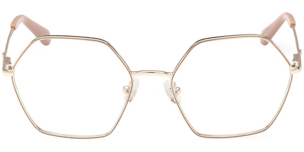 Gold hexagonal eyeglasses for Women with thin metal frame and beige plastic temples, front three-quarter view