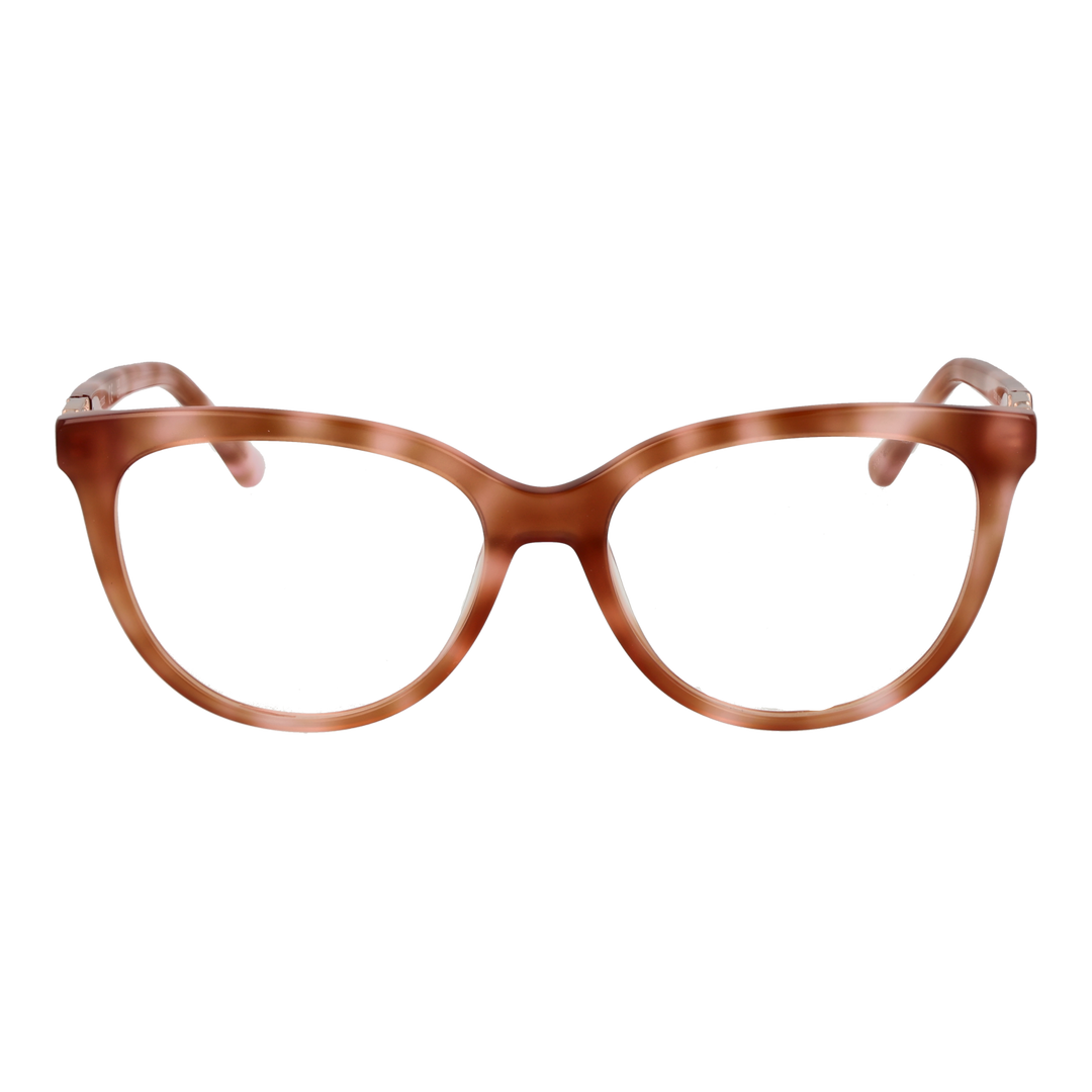 Brown plastic cat-eye eyeglasses with decorative metal temple accents on a neutral background for Women