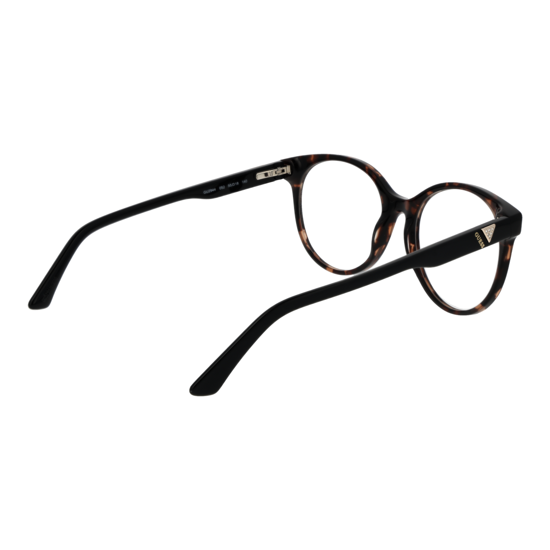 Tortoiseshell round eyeglasses with black temples and temple logo on neutral background