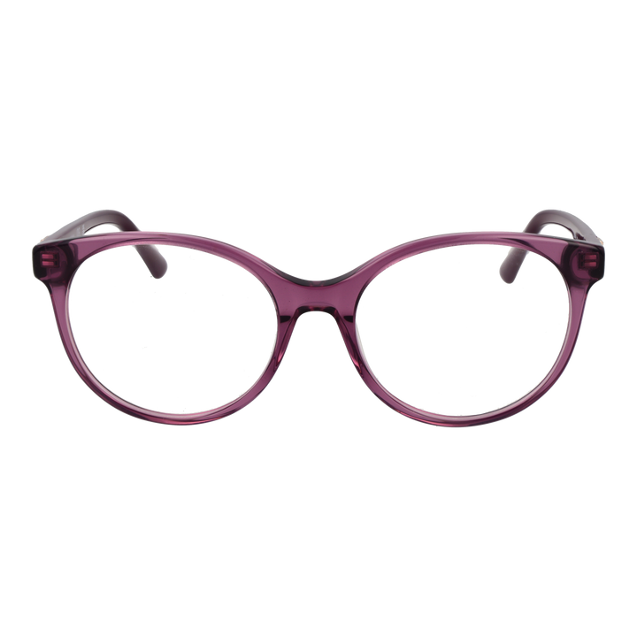 Transparent purple round eyeglasses in plastic with logo temples on clean white background
