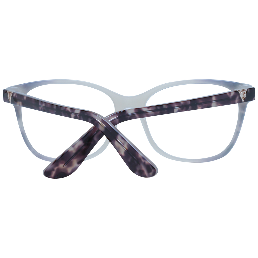 Purple and white patterned rectangular eyeglasses in plastic with metal logo on temple, front three-quarter view