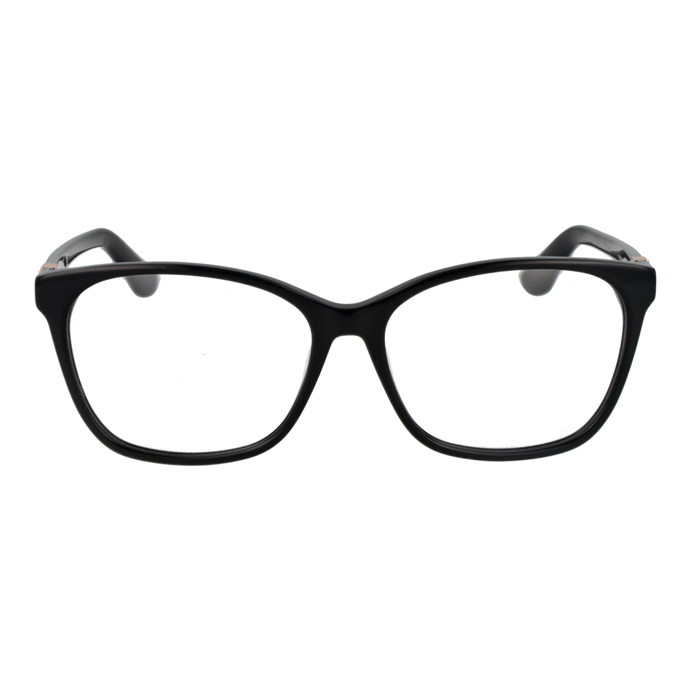 Black full-rim rectangular eyeglasses for Women with small metallic temple logo, modern clean lines