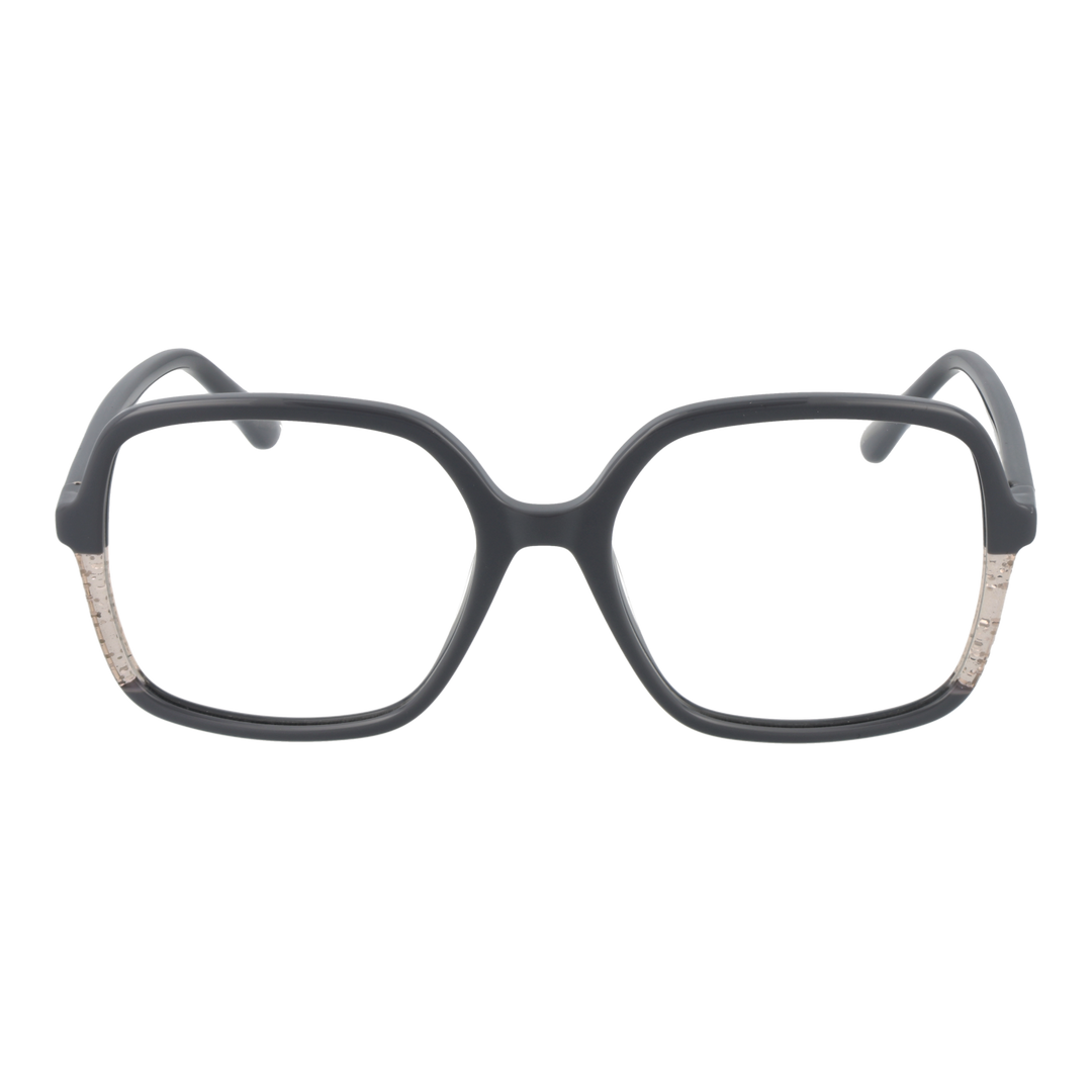 Black eyeglasses with transparent beige accents, square lenses, and logo on temple, modern two-tone plastic frame