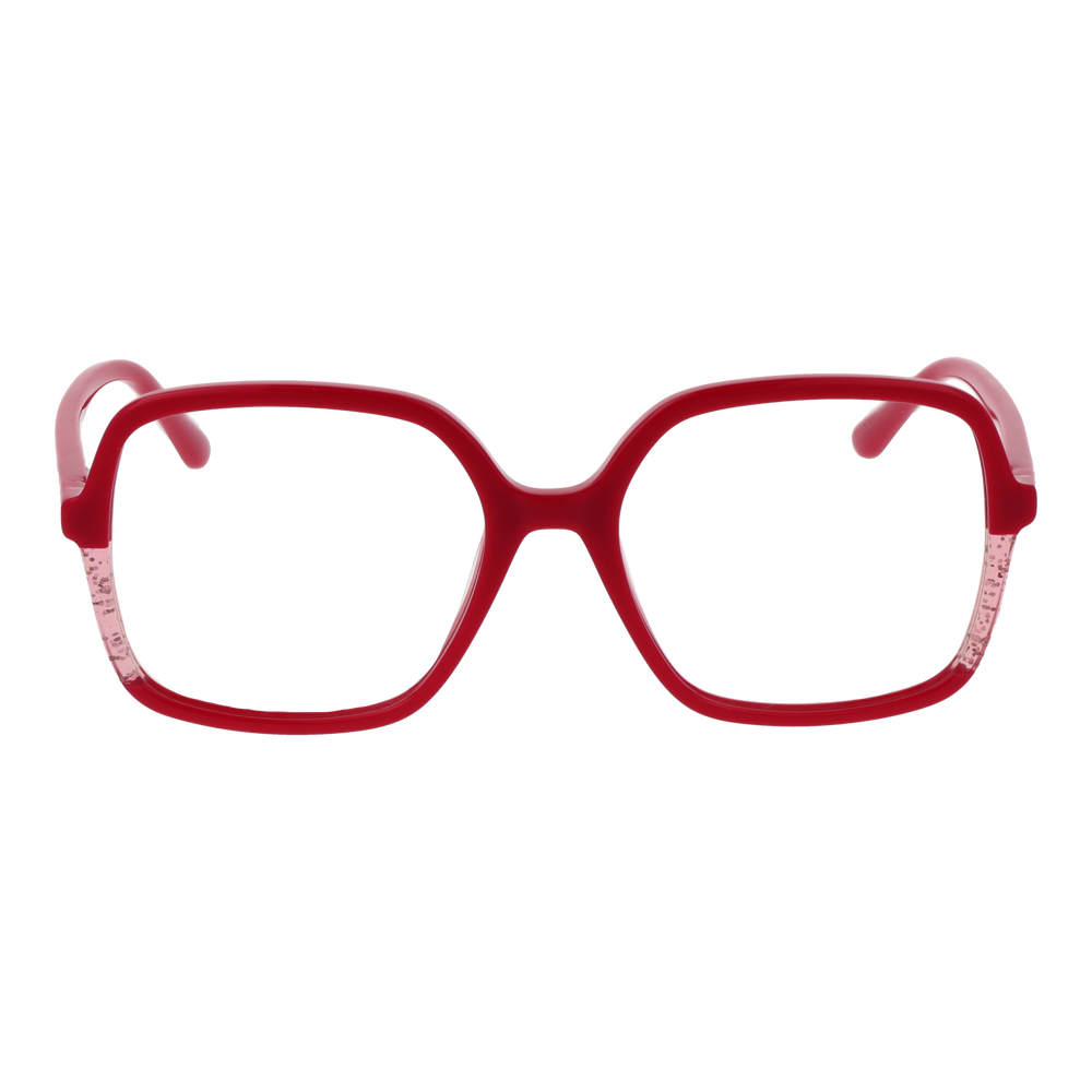 Red plastic square eyeglasses with transparent frame accents and G logo on the temple, front three-quarter view