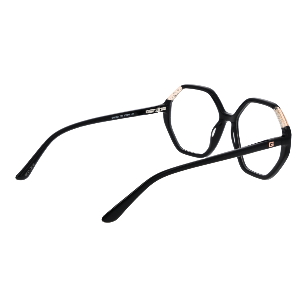 Black hexagonal eyeglasses with gold corner accents and small gold &