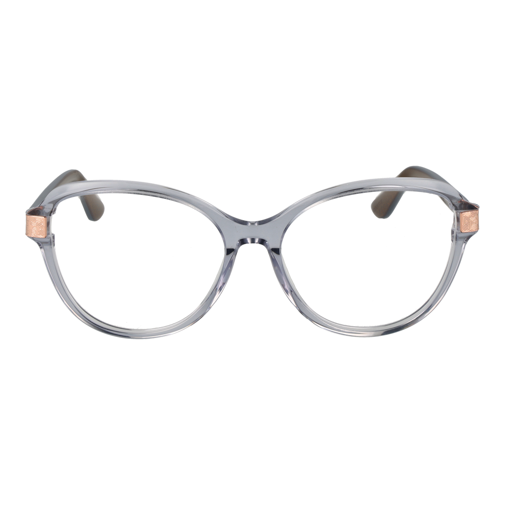 Transparent gray round eyeglasses with black temples and rose gold hinge accents, modern plastic frame
