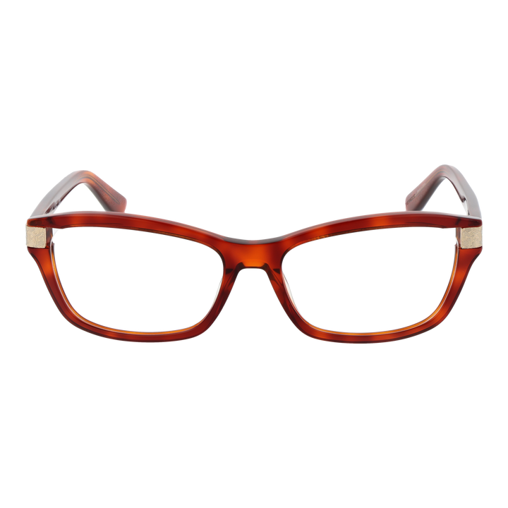 Brown full-rim rectangular eyeglasses in plastic with gold hinge and patterned inner arms, front three-quarter view