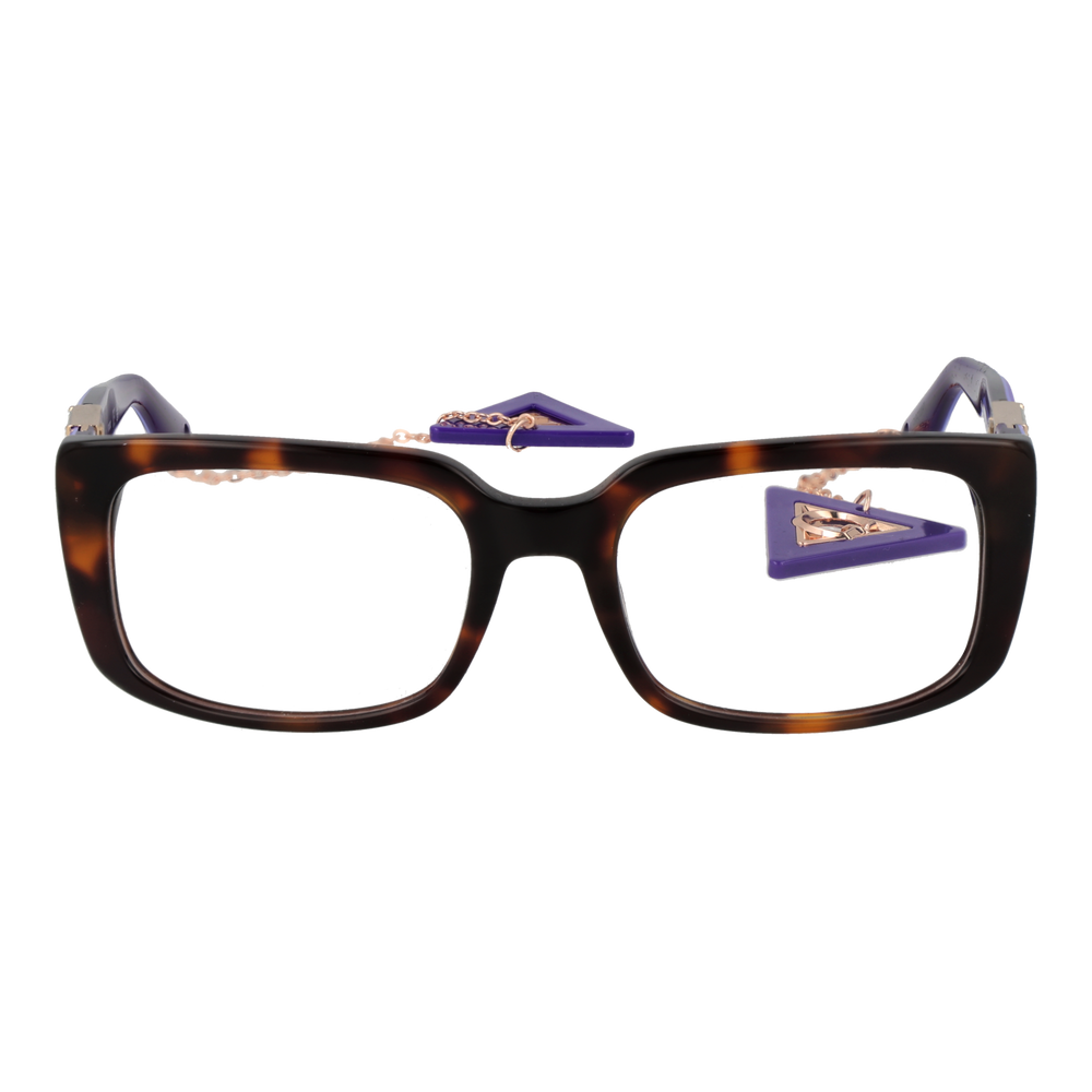 Tortoise brown square eyeglasses with gold triangle logos and decorative metal chain on temples