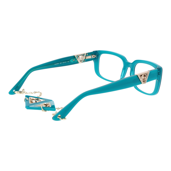 Teal square eyeglasses for Women with gold triangular logo accents and delicate gold chain detail