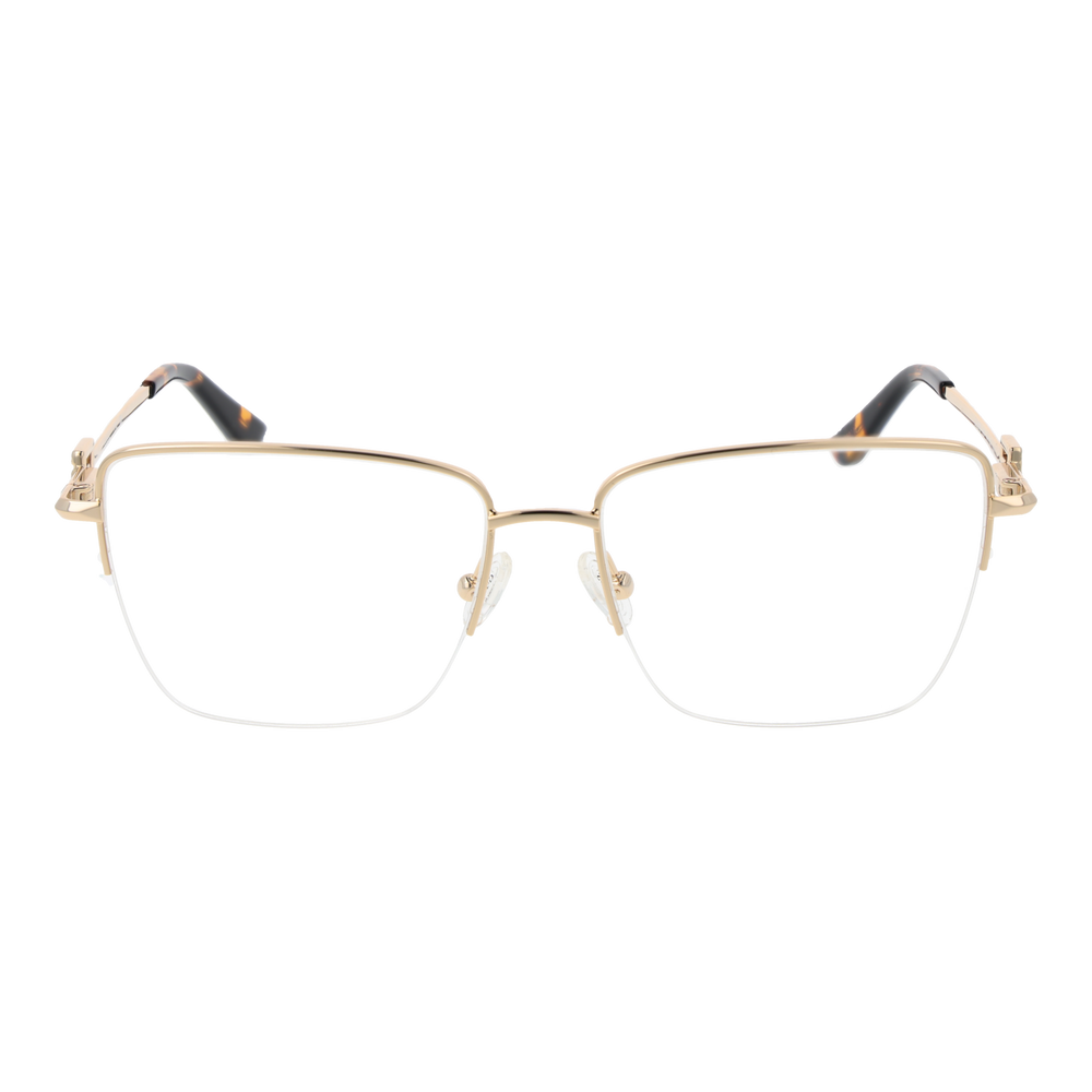 Gold semi-rimless eyeglasses with tortoise accents, square lenses, adjustable nose pads, decorative G logo on temples.