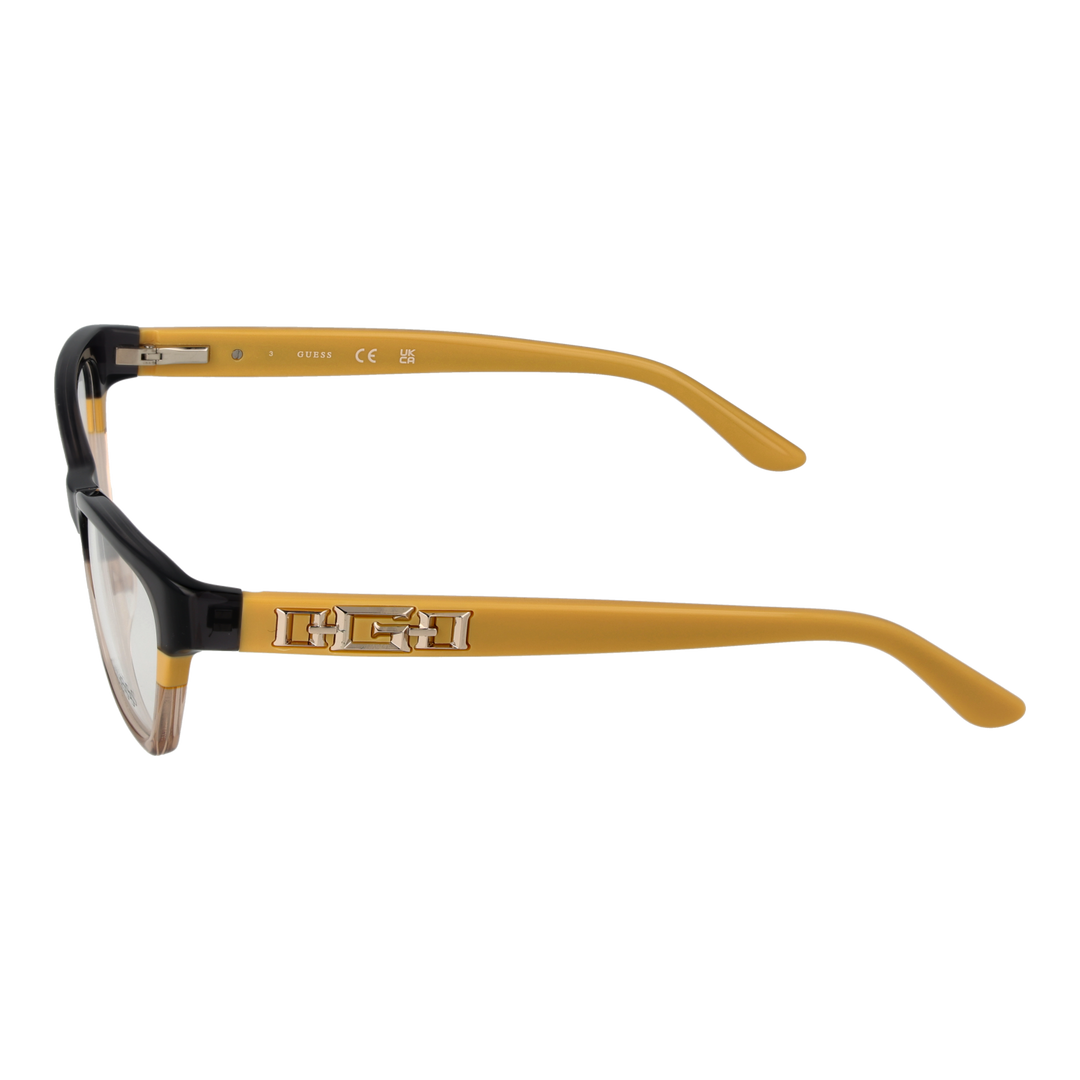 Black and yellow two-tone rectangular eyeglasses with metal logo temples on white background for Women