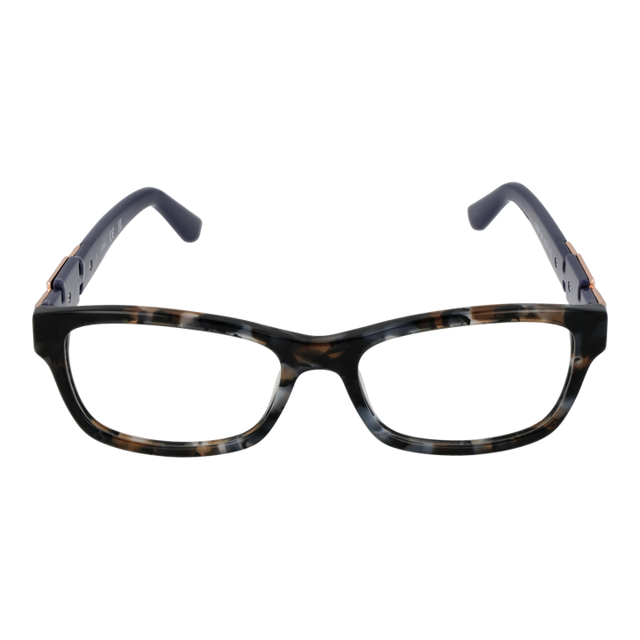 Tortoise shell rectangular eyeglasses with dark blue arms and rose-gold chain-link temple accents