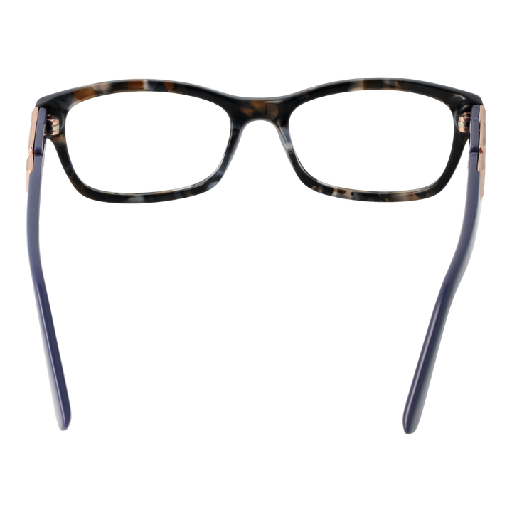 Tortoise shell rectangular eyeglasses with dark blue arms and rose-gold chain-link temple accents