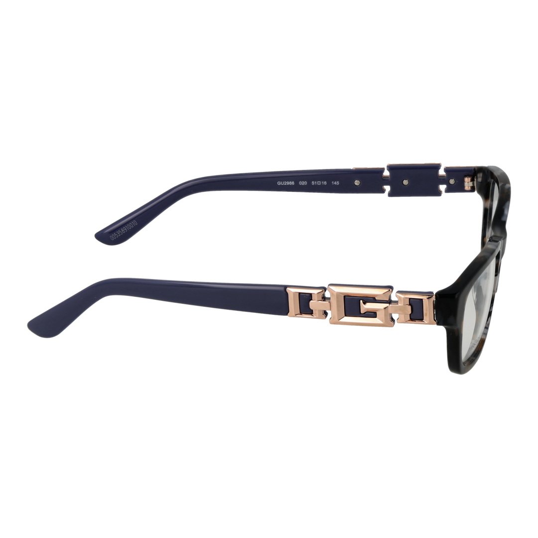 Tortoise shell rectangular eyeglasses with dark blue arms and rose-gold chain-link temple accents