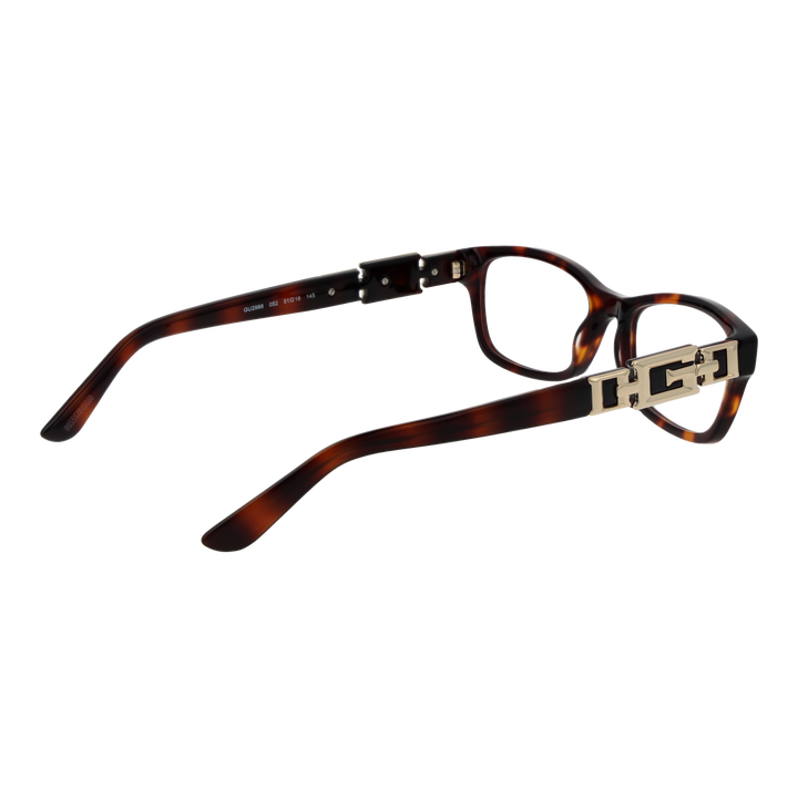 Tortoise brown full-rim rectangular eyeglasses with gold decorative hinge, lightweight plastic frame, front three-quarter view