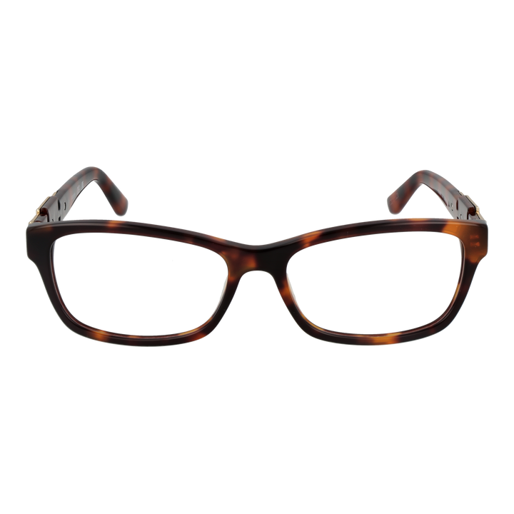 Tortoise brown rectangular full-rim eyeglasses in plastic with gold hinge detail, front three-quarter view