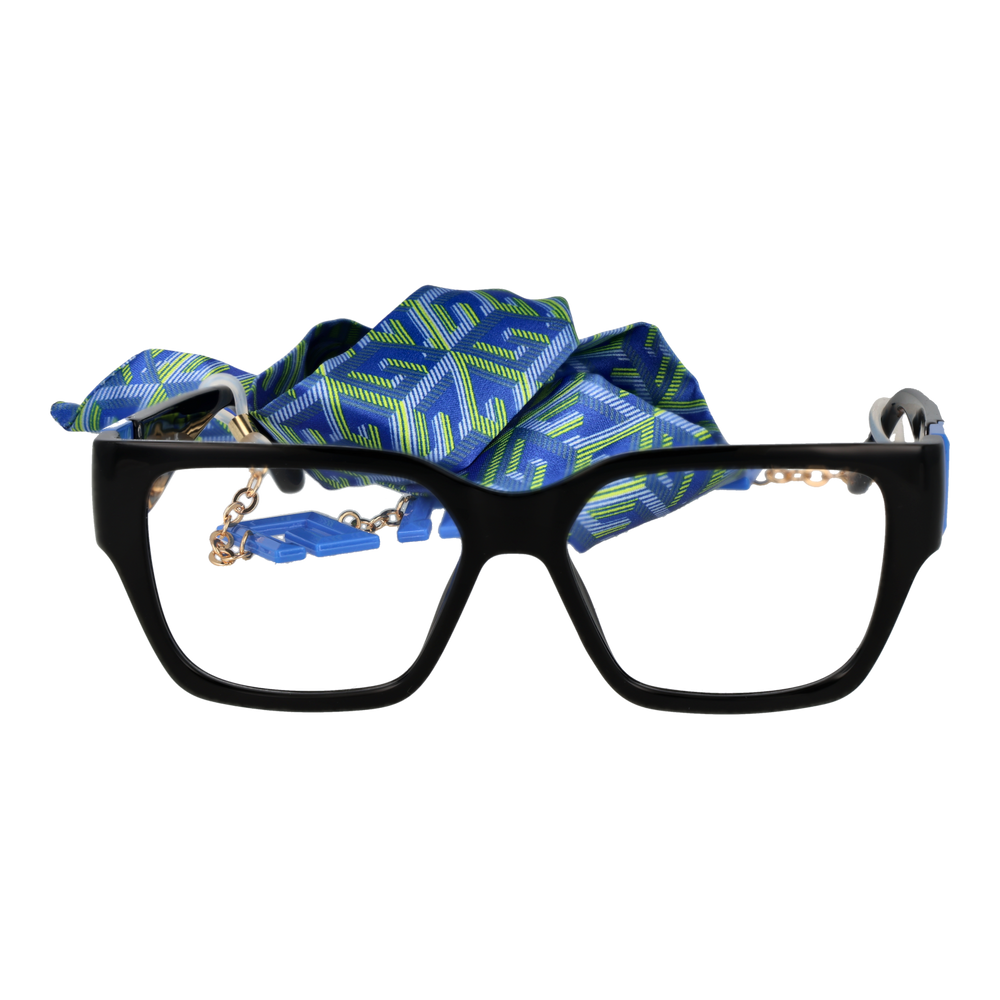 Black square eyeglasses with blue-green accents, attached patterned fabric strap and decorative metal chain with blue letters