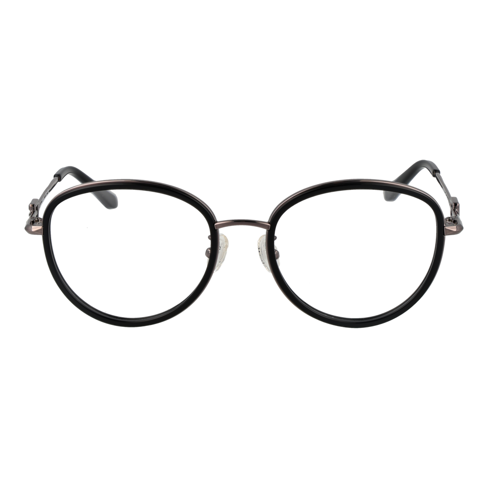 Unisex black and silver metal round eyeglasses with thin temples and decorative hinge on white background