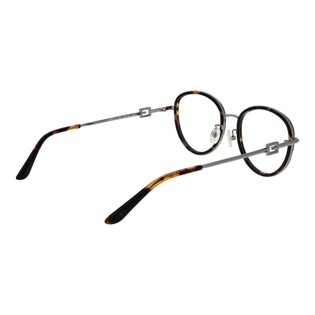Unisex tortoise-shell round eyeglasses with silver metal temples and decorative temple logo, front three-quarter view