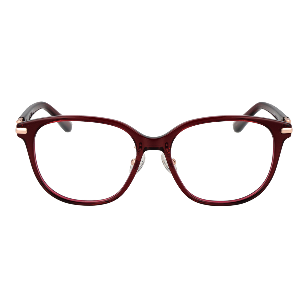 Dark red square plastic eyeglasses for Women with clear nose pads and metallic hinge accents