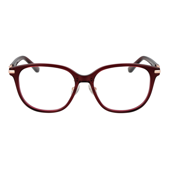 Dark red square plastic eyeglasses for Women with clear nose pads and metallic hinge accents
