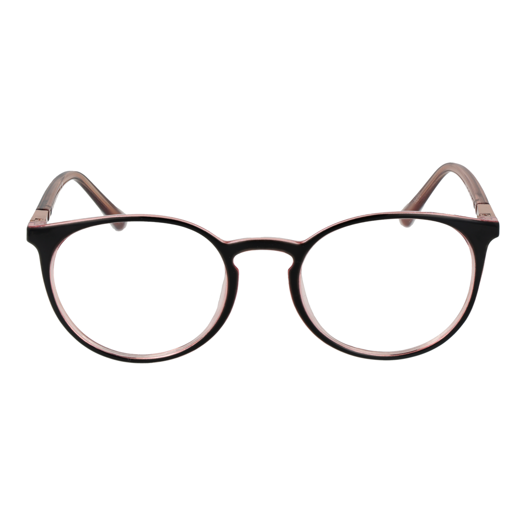 Black and brown plastic round eyeglasses with thin frame and transparent inner rim shown front view