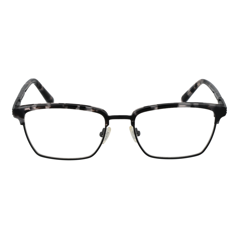 Unisex black and gray tortoiseshell rectangular eyeglasses with thin full-rim frame and patterned temples on white background