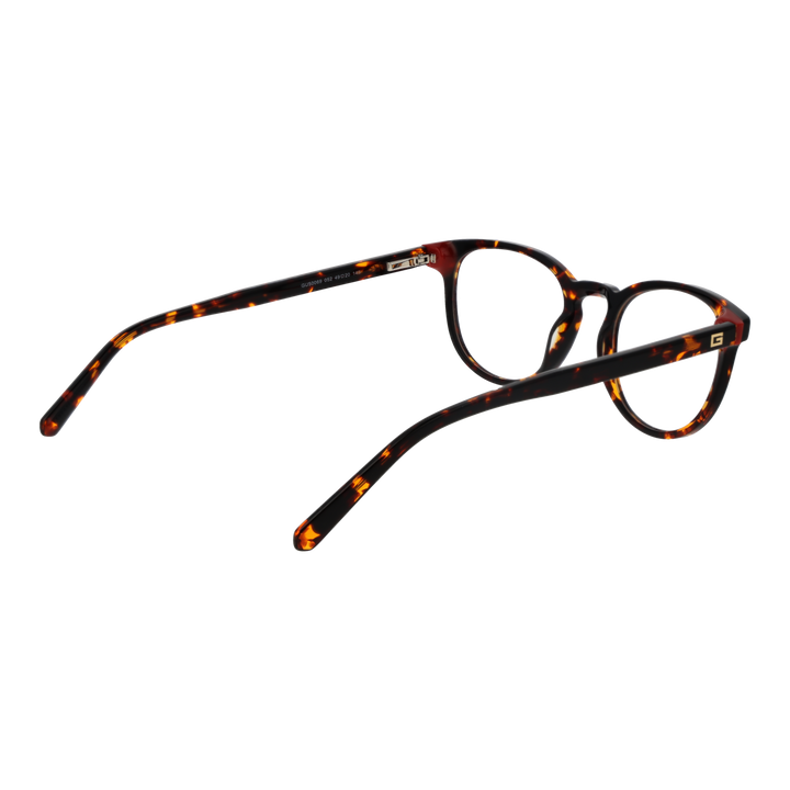 Unisex tortoise shell full-rim rectangular eyeglasses with gold logo on temples, brown and amber pattern