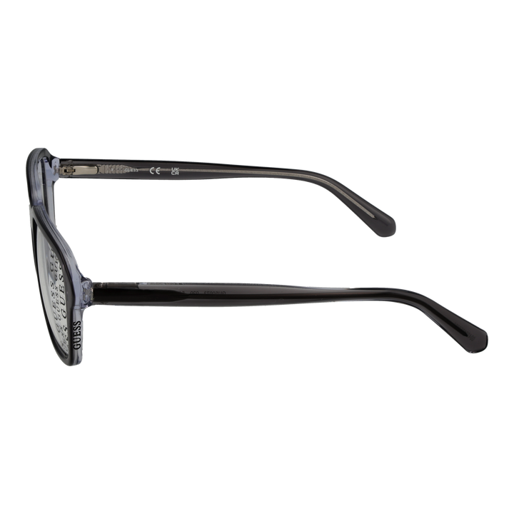 Unisex transparent plastic full-rim rectangular eyeglasses in gray, modern slender temples on neutral background