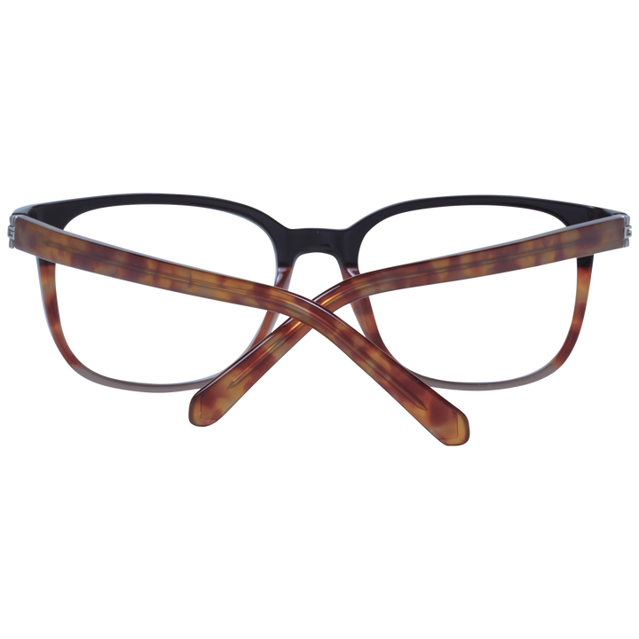 Unisex two-tone black and tortoiseshell rectangular eyeglasses in plastic with metal hinge detail on neutral background